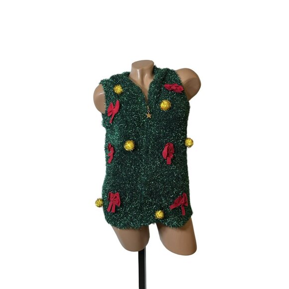 Holiday Christmas Tree Vest S Fuzzy Tinsel Hooded Festive Novelty Top - Picture 1 of 6
